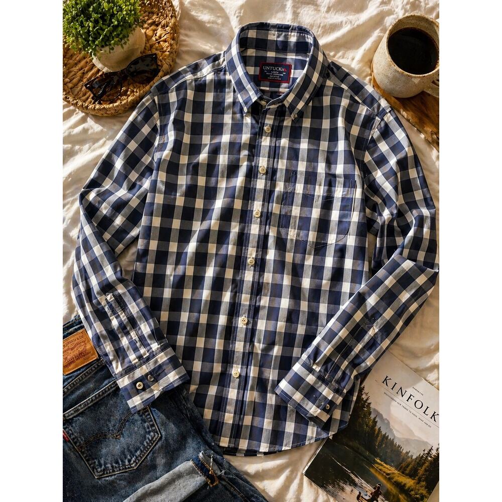 UNTUCKit Slim Fit Check Button Down Shirt Large Blue Plaid Wrinkle Free